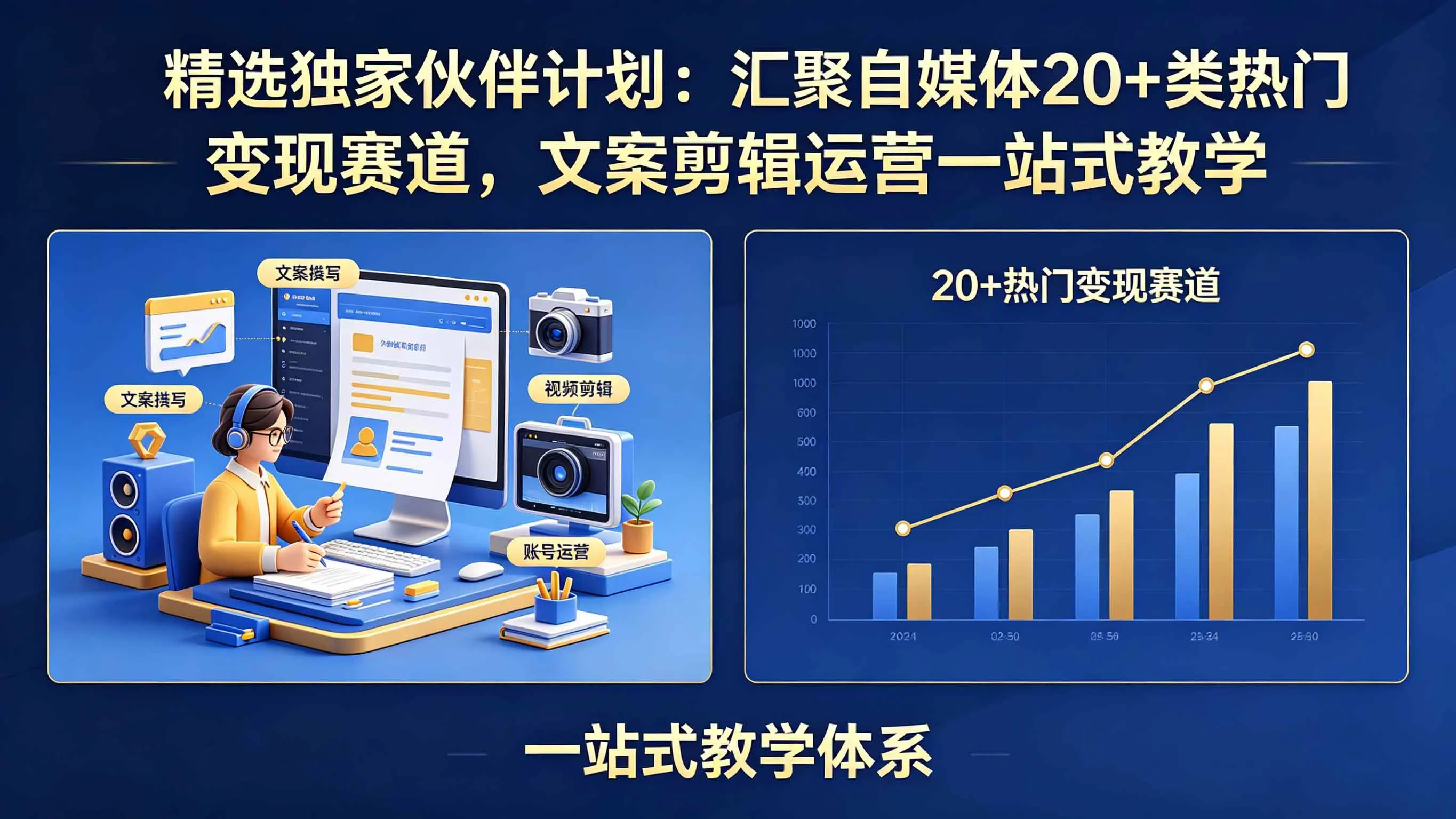 精选独家伙伴计划：汇聚自媒体20+类热门变现赛道，文案剪辑运营一站式教学