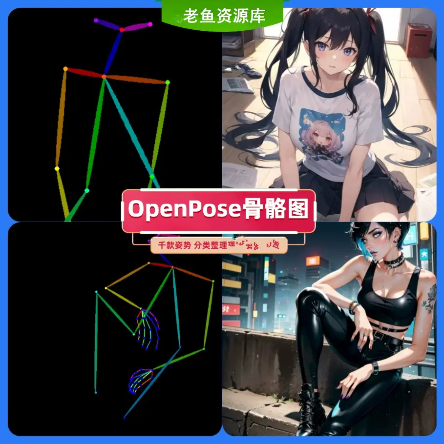 OpenPose骨骼姿势图合集 AI绘画素材 支持ComfyUI/SD