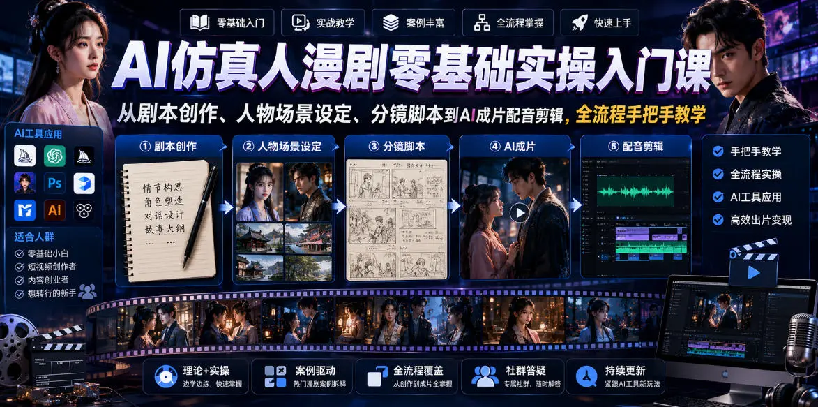 AI仿真人漫剧零基础实操入门课，全流程手把手教学