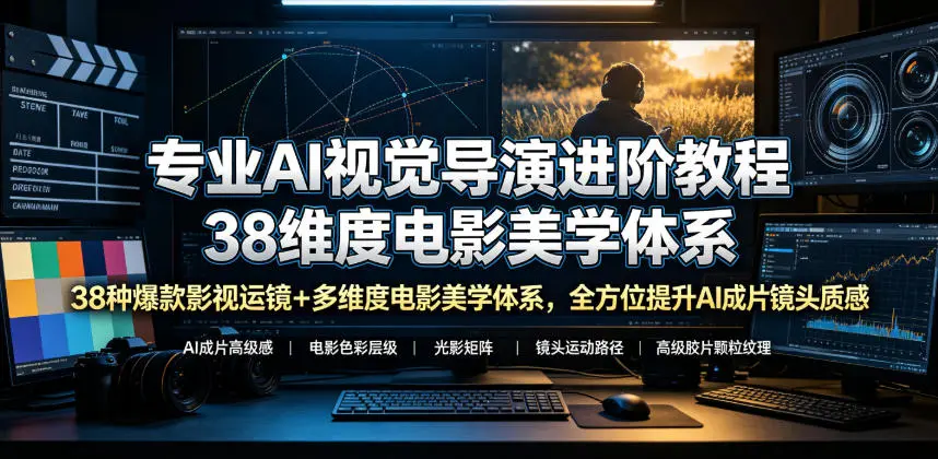 专业AI视觉导演进阶教程，38种爆款影视运镜+多维度电影美学体系